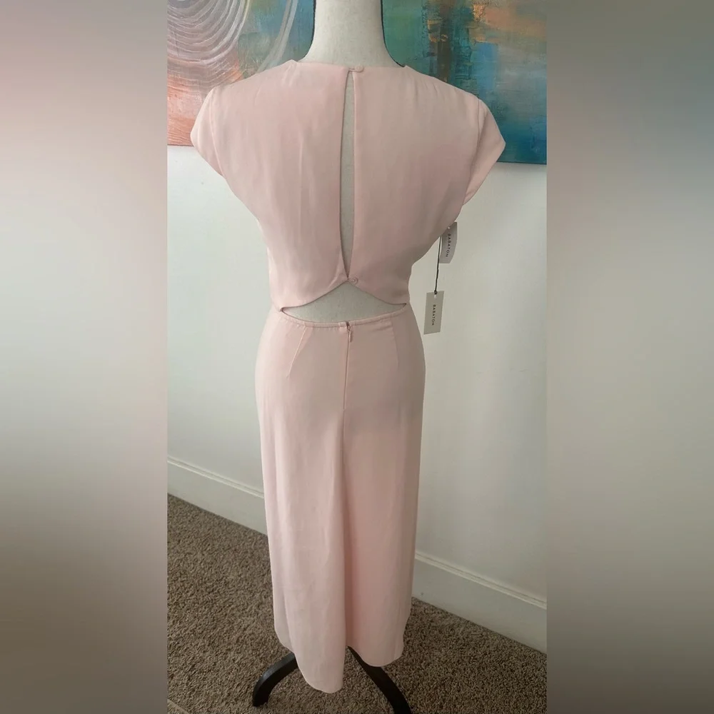 Aritzia Babaton NWT Hamptons Pink Midi Dress front Slits Cap Sleeves Keyhole 00